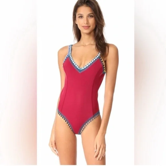 KIINI Burgundy One-Piece with Blue and Yellow Trim - Picture 2 of 2